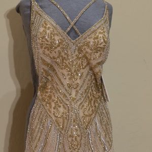 SCALA short cross back beaded fringe dress in champagne size 00